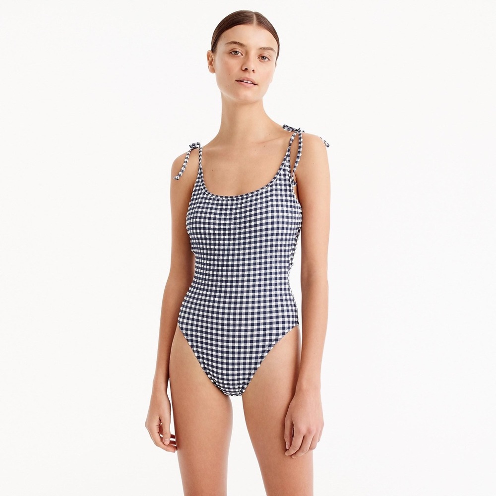 J Crew Gingham shoulder tie one piece swimsuit